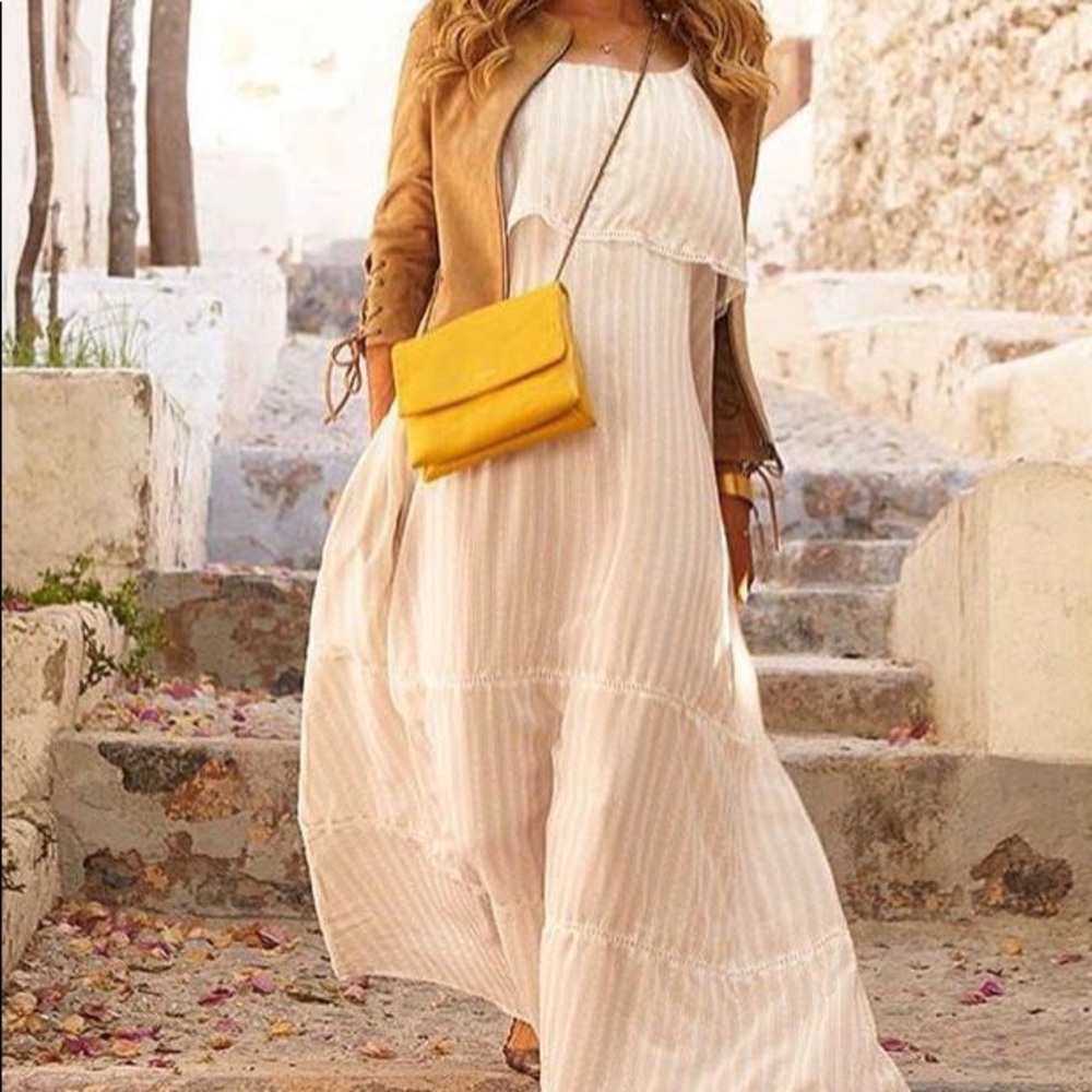 ANINE BING Striped Tie Shoulder Maxi Boho Bohemian Dress XS Beige Cream